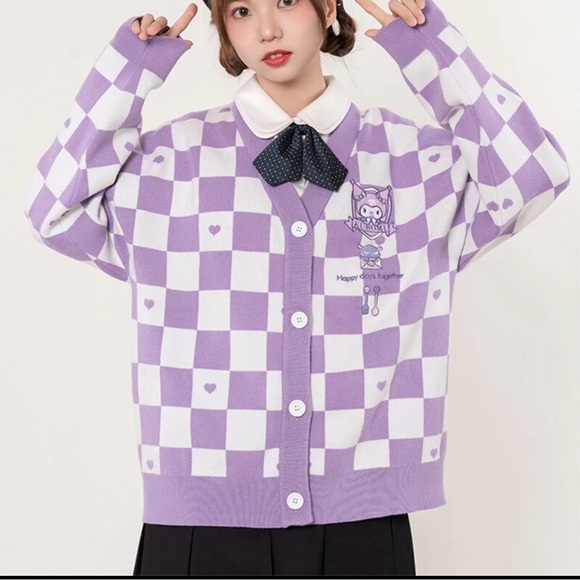 Sweaters - Purple Checker Knit Cardigan Sweater with Heart Motif